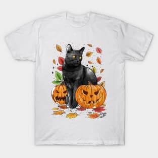 Cat Leaves and Pumpkins T-Shirt